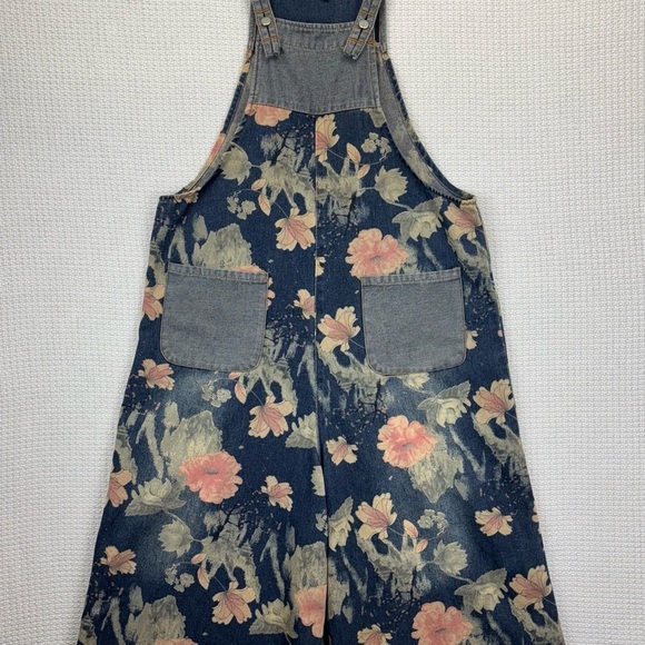 COWOKA Boho Floral Denim Bib Overalls Loose Wide Leg Jumpsuit Suspenders Small - Picture 13 of 13